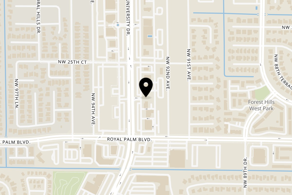 Map showing the location of Mainland China Bistro on 2445 N University Dr in Coral Springs
